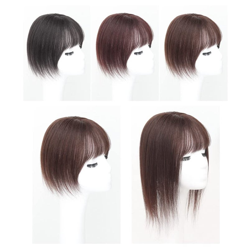 LesafeV Middle Part Silk Part Base Human Hair Topper 7x10cm Crown Straight Clip in Hairpiece with Wispy Fringe 20cm Medium Brown - Image 4